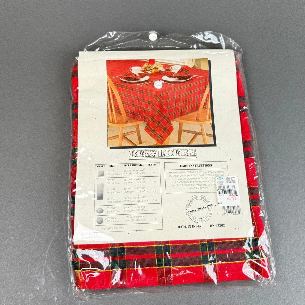Belvedere Sierra Collection Red Plaid Tablecloth 52x52 Square Cotton Vintage
